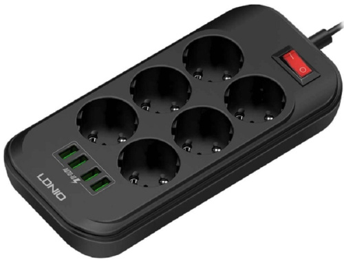 Сетевой фильтр с заземлением Ldnio SE6403 6х2.0м 6гн+4USB тип A черный