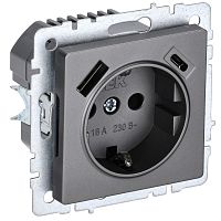 Розетка с заземлением +2xUSB тип A+C без рамки IEK Brite РЮш11-1-БрС 1-м. сталь