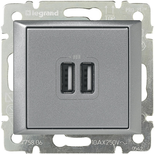 Розетка USB тип A+A без рамки Legrand Valena 2-м. 1500мА алюминий