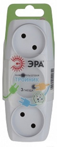 Разветвитель (Тройник) без заземления плоский ЭРА SP-3-W 3-м 16А 3500Вт белый фото 2