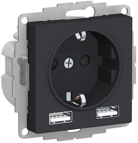 Розетка с заземлением +2xUSB тип A+A без рамки Systeme Electric AtlasDesign 1-м. карбон