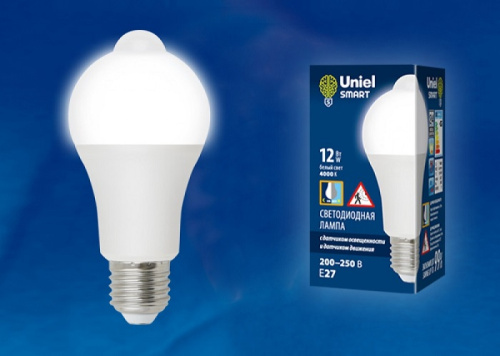 Лампа светодиодная с датчиком движения Uniel LED-A60-12W/4000K/E27/PS+MS PLS10WH Е27 220В 12Вт 4000К, Uniel, купить, цена, доставка, безопасность Лампа светодиодная с датчиком движения Uniel LED-A60-12W/4000K/E27/PS+MS PLS10WH Е27 220В 12Вт 4000К Uniel — купить по цене от 615 ₽ | ПрофБезопасность