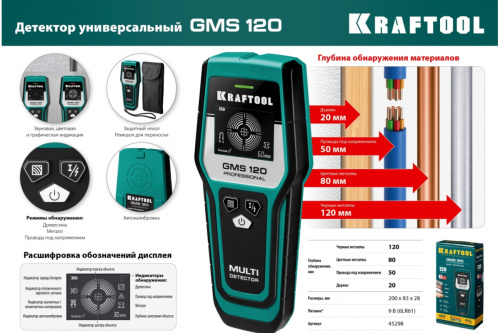 Детектор металла, проводки Kraftool GMS 120 45298