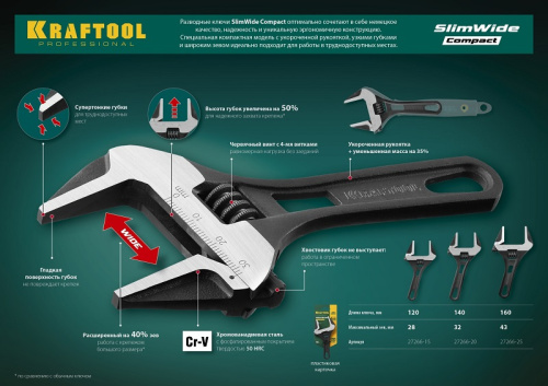 Ключ разводной 28 мм Kraftool, длина 120 мм, CrV, укороченная ручка