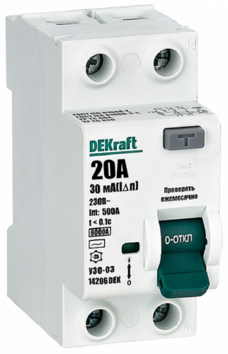 Выключатель дифференциального тока УЗО DeKraft УЗО-03 2п 20А 30мА 6,0кА тип AC  картинка