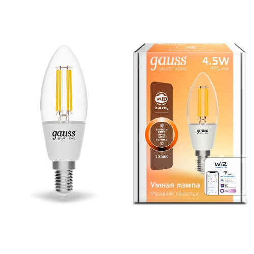 Лампа светодиодная филамент диммируемые Gauss Smart Home Свеча С35 Е14 220В 495Лм 4,5Вт 2700К, Gauss, купить, цена, доставка, безопасность Лампа светодиодная филамент диммируемые Gauss Smart Home Свеча С35 Е14 220В 495Лм 4,5Вт 2700К Gauss — купить по цене от 1 760 ₽ | ПрофБезопасность