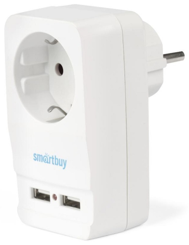 Адаптер с заземлением Smartbuy 1-м+2xUSB тип A+A 2400мА белый картинка