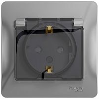 Розетка с заземлением с рамкой Systeme Electric Glossa 1-м. крышка шторки IP44 алюминий