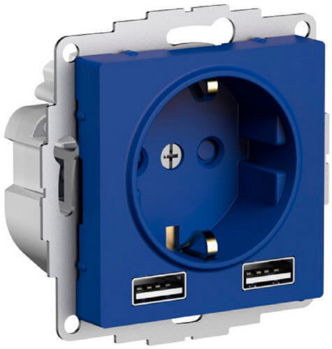 Розетка с заземлением +2xUSB тип A+A без рамки Systeme Electric AtlasDesign 1-м. аквамарин