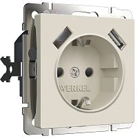 Розетка с заземлением +2хUSB тип A+A без рамки Werkel 1-м. шторки айвори матовый