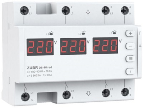Реле напряжения трехфазное цифровое на DIN-рейку Rbuz D6-40 red многофункциональное 40А 0-400А