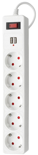 Сетевой фильтр с заземлением Smartbuy 5-м+2USB тип A+A 3,0м 10А 2200В белый