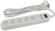 Сетевой фильтр с заземлением ЭРА USF-5es-1.5m-USB-W 5-м+2USB тип A+A 1,5м 10А 2200В белый
