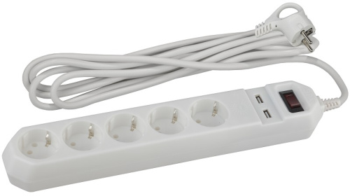 Сетевой фильтр с заземлением ЭРА USF-5es-1.5m-USB-W 5-м+2USB тип A+A 1,5м 10А 2200В белый