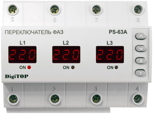 Переключатель фаз с реле напряжения цифровой на DIN-рейку DigiTOP PS-63A 63A 50-400В