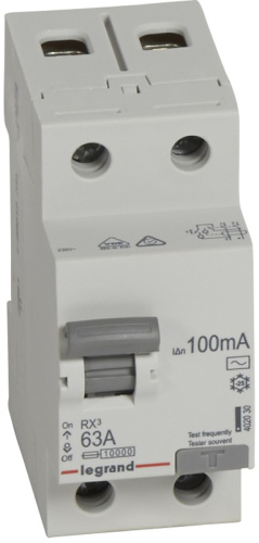 Выключатель дифференциального тока УЗО Legrand RX3 2п 63А 100мА 10,0кА тип AC
