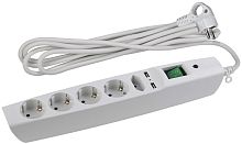 Сетевой фильтр с заземлением ЭРА SFU-5es-2m-W 5-м+2USB тип A+A 2,0м 10А 2200В белый