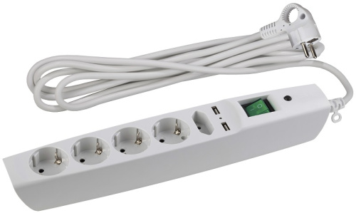 Сетевой фильтр с заземлением ЭРА SFU-5es-2m-W 5-м+2USB тип A+A 2,0м 10А 2200В белый