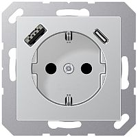 Розетка с заземлением +2хUSB тип A+C без рамки Jung EcoProfi 1-м. алюминий