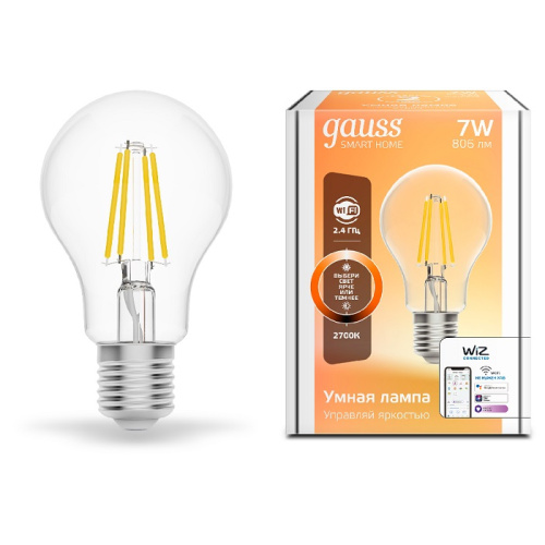 Лампа светодиодная филамент диммируемые Gauss Smart Home Шар А60 Е27 220В 806Лм 7Вт 2700К, Gauss, купить, цена, доставка, безопасность Лампа светодиодная филамент диммируемые Gauss Smart Home Шар А60 Е27 220В 806Лм 7Вт 2700К Gauss — купить по цене от 1 760 ₽ | ПрофБезопасность