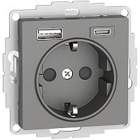 Розетка с заземлением +2xUSB тип A+C без рамки Systeme Electric AtlasDesign 1-м. сталь
