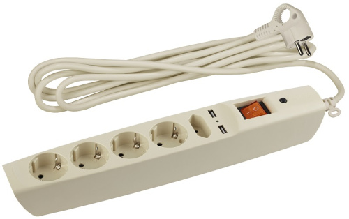Сетевой фильтр с заземлением ЭРА SFU-5es-2m-I 5-м+2USB тип A+A 2,0м 10А 2200В слоновая кость